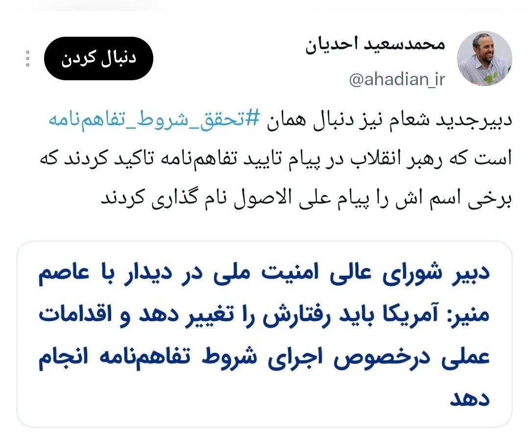 احدیان: دبیر جدید شعام نیز به دنبال تحقق شروط تفاهم‌نامه است