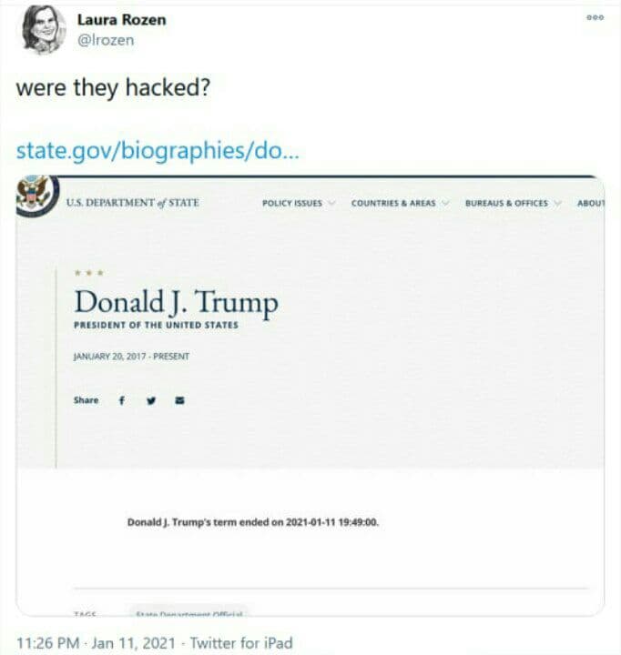 وبگاه وزارت خارجه آمریکا پایان دوران ریاست جمهوری ترامپ را اعلام کرد|خبر فوری
